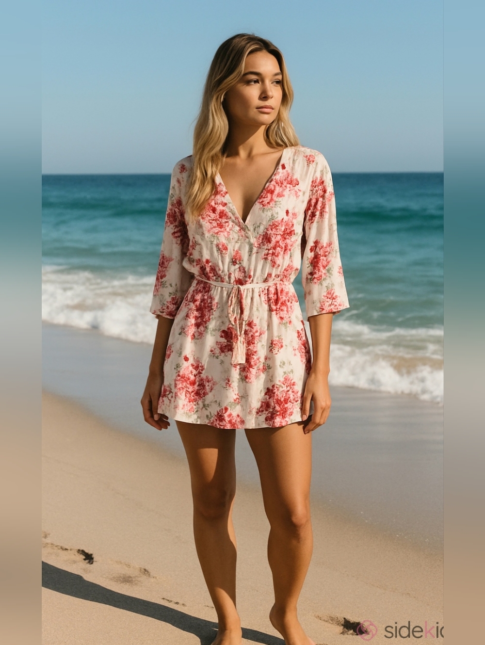 O'Neill Cream Tunic Dress with Pink/Red Floral Print & Drawstring Waist Surf